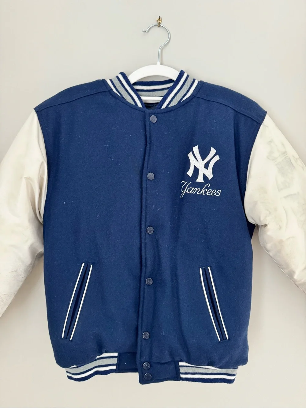 New York Yankees Mighty Mac Letterman Jacket Coat Youth Size M 12/14 Reversible